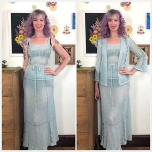 Vintage Crochet Skirt Set, 1970s Mary Farrin Three Piece Blue & Silver, Sz XS-S